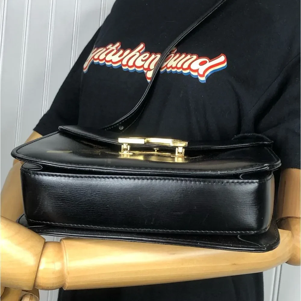 Vintage GUCCI Black Lambskin Leather Single Flap Gold Buckle Shoulder Bag
